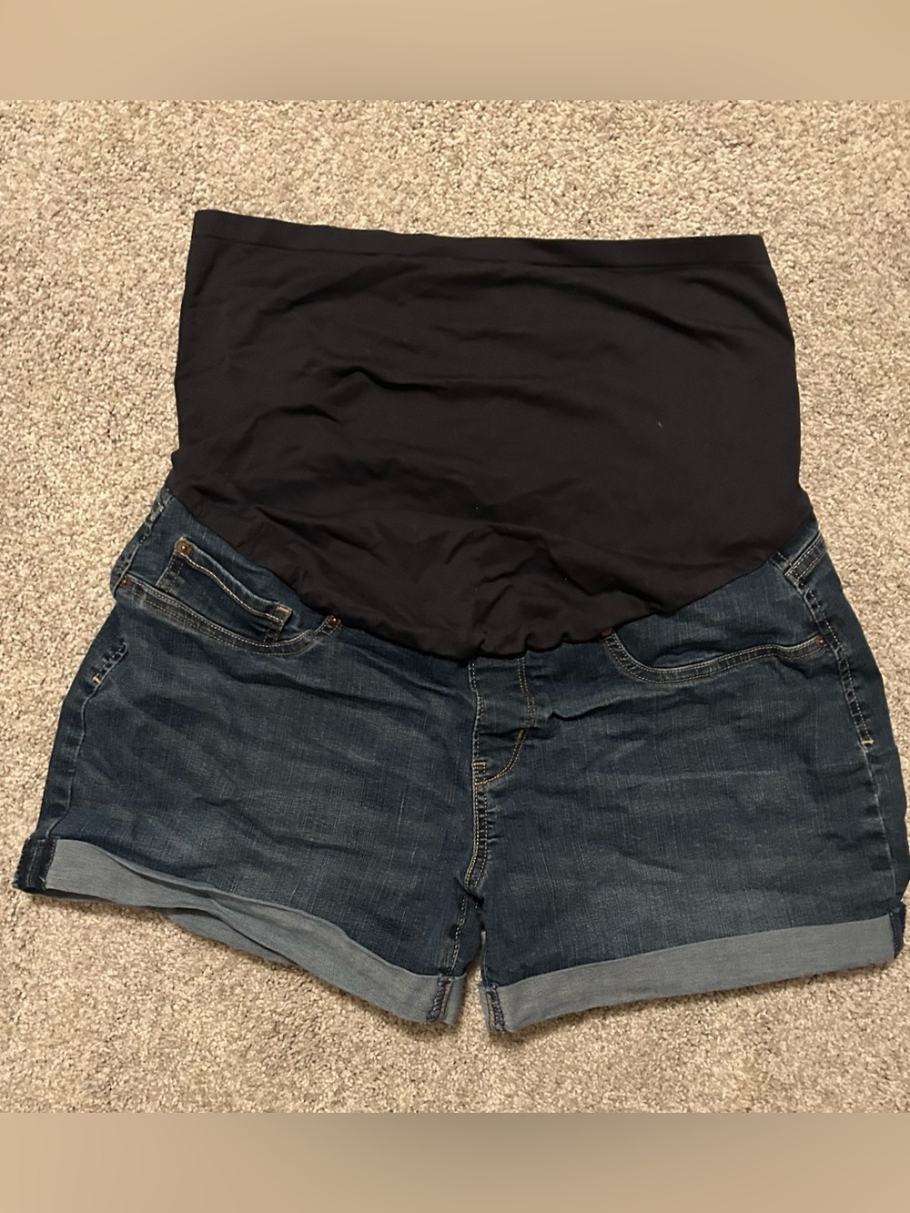 Dark Blue Denim Maternity Shorts with Black Stretch Waist